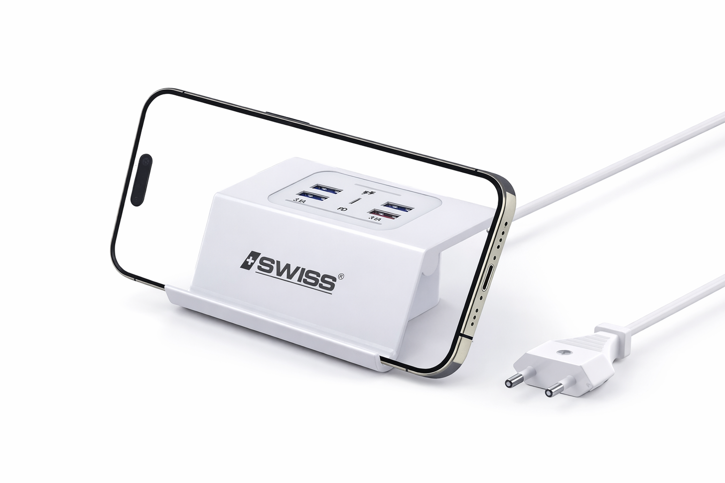 iSWISS 6-in-1 Snellaad Station met Telefoonhouder – 3.1A Power Adapter