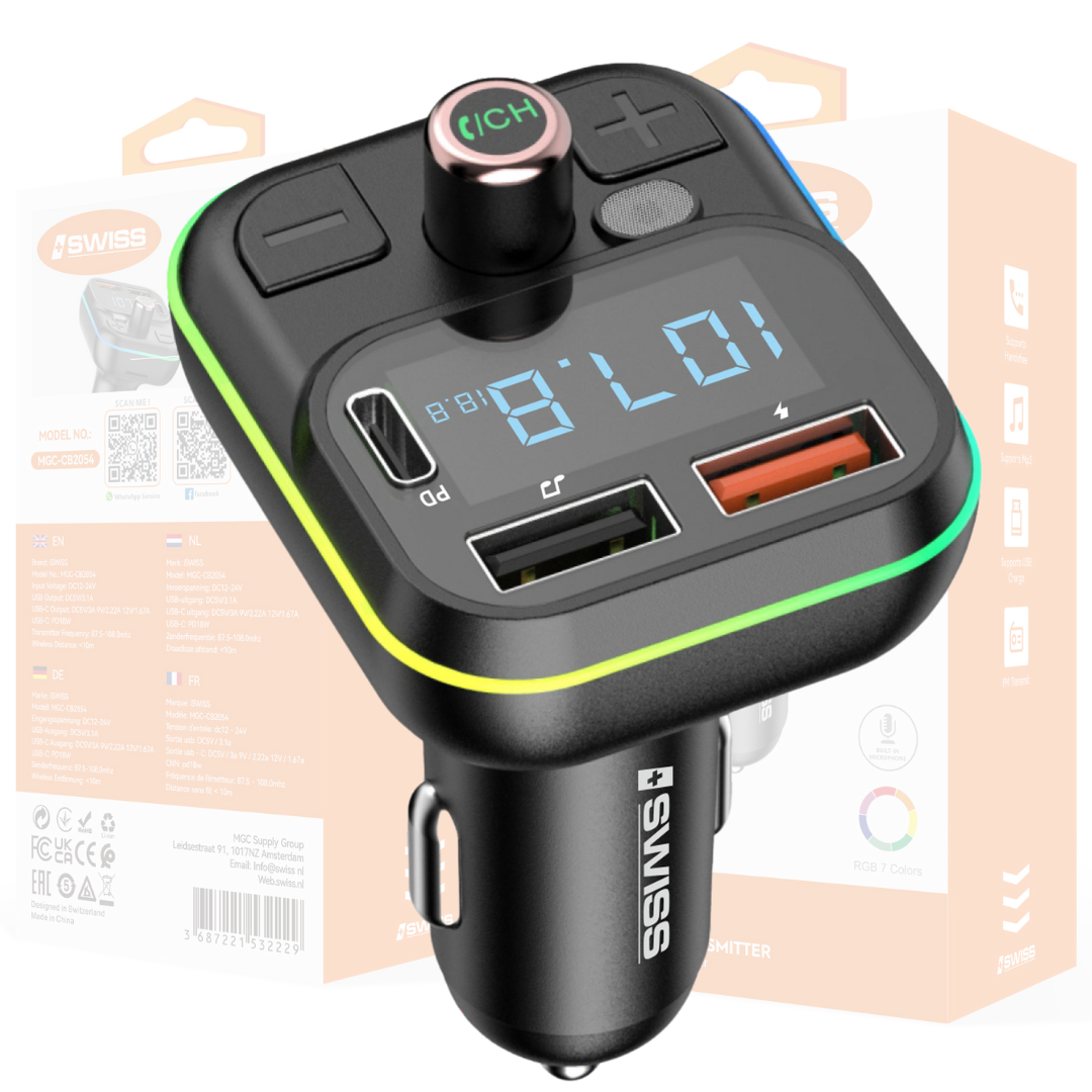 iSWISS Draadloze Auto MP3 Speler & FM Transmitter – 3A Snelladen met RGB-verlichting