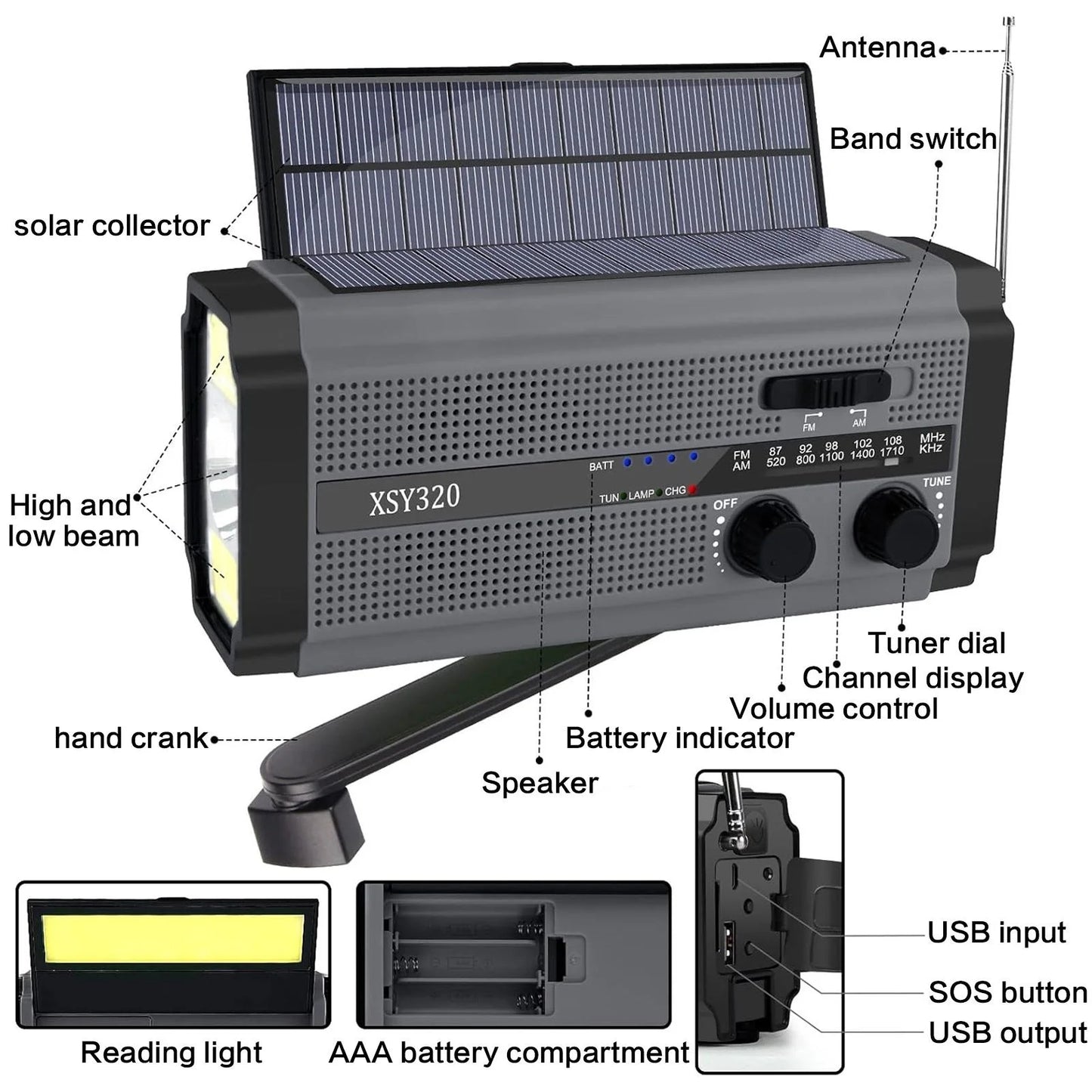 Portable AM ​​FM Emergency Radio with Powerbank and Solar Dynamo